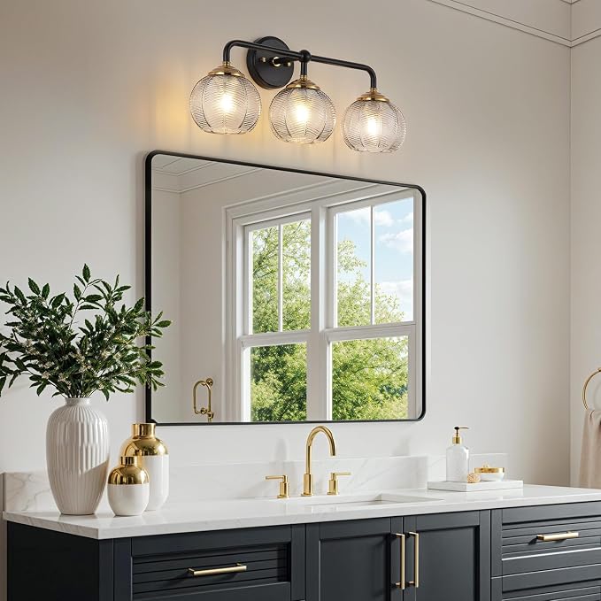 Mecgirn Bathroom Vanity Light Fixtures, 3-Light Smoky Gray Glass Shade, Modern Black and Gold Wall Sconce, Unique Textured Leaf Pattern, Ceramic E26 Sockets Wall Mounted for Mirror, Cabinet, Hallway