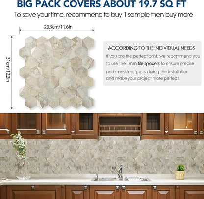 20 Sheets Hexagon Peel and Stick Backsplash for Kitchen Wall, Heat Resistant Stick on Backsplash PVC Smart Tiles, 12'' Ecru Beige Stone Waterproof Peel and Stick Tile for Bathroom