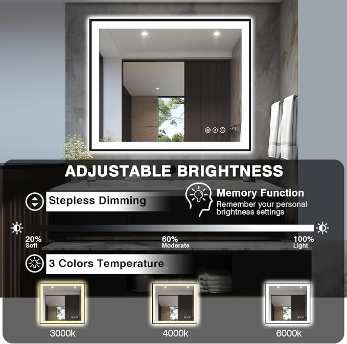 EchosLife 40x32 LED Bathroom Mirrors for Wall - Black Aluminum Framed | Black Frame, Front and Backlit, Anti-Fog, Stepless Dimmable, 3 Colors, Memory, Tempered Glass, UL Listed, Horizontal/Vertical