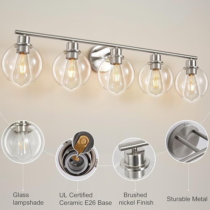 Bathroom Light Fixtures Over Mirror 5-Lights Bathroom Vanity Light with Clear Globe Glass Shade 37.4 inch Modern Brushed Nickel Vanity Lights Wall Sconce Lighting for Bath