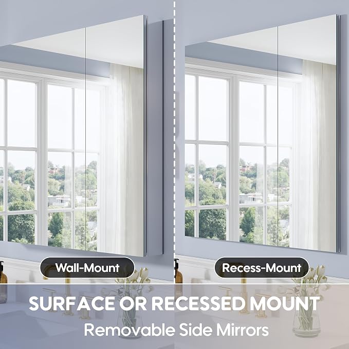 36" x 36 Bathroom Medicine Cabinet with Mirror, Anodized Chrome Aluminum Frame, Surface Mount or Recessed Medicine Cabinet with Mirror, Bathroom Mirror with Storage, Double Doors