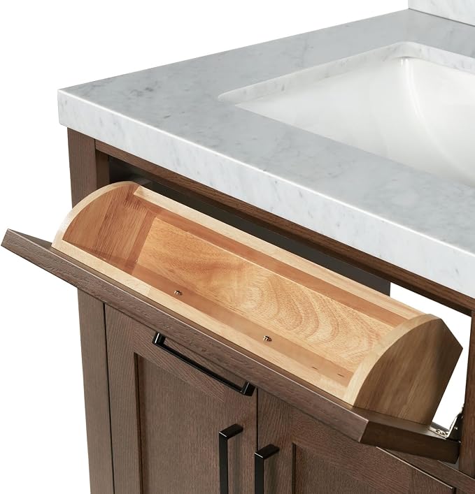 Isabella 66-Inch Brown Oak Double Bathroom Vanity with Sink, 1.5-Inch Edge Italian Carrara Marble Countertop & 4" Backsplash, Soft-Closing Doors & Drawers, Solid Oak Wood Construction