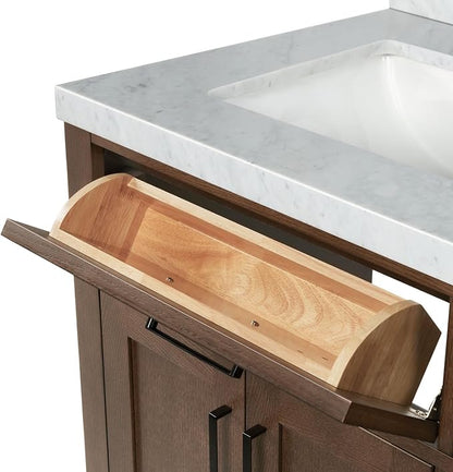 Isabella 66-Inch Brown Oak Double Bathroom Vanity with Sink, 1.5-Inch Edge Italian Carrara Marble Countertop & 4" Backsplash, Soft-Closing Doors & Drawers, Solid Oak Wood Construction