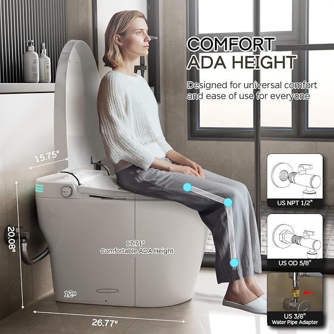Smart Toilet with Bidet Built In ADA Height 17.7", One Piece Tankless Bidet Toilet with Auto Open Close, Foam Shield, Voice Control Modern Elongated Toilet with Heated Seat, Warm Water & Dryer