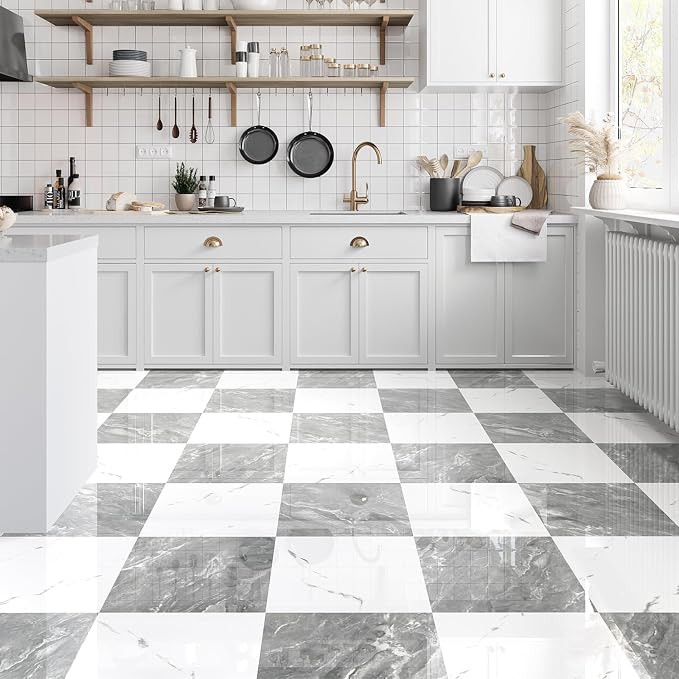 30-Pack Peel and Stick Vinyl Floor Tile Polish 12” x 12”, Self Adhesive Flooring Planks for Bathroom, Renters, Kitchen, Dark Grey&White Marble (15 per Color)