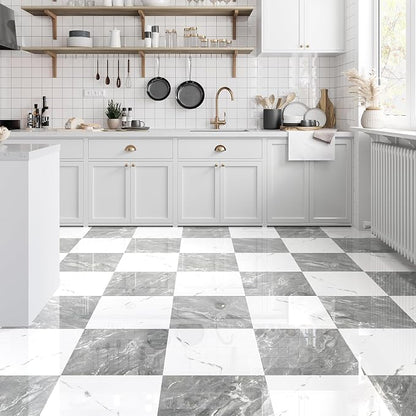 30-Pack Peel and Stick Vinyl Floor Tile Polish 12” x 12”, Self Adhesive Flooring Planks for Bathroom, Renters, Kitchen, Dark Grey&White Marble (15 per Color)
