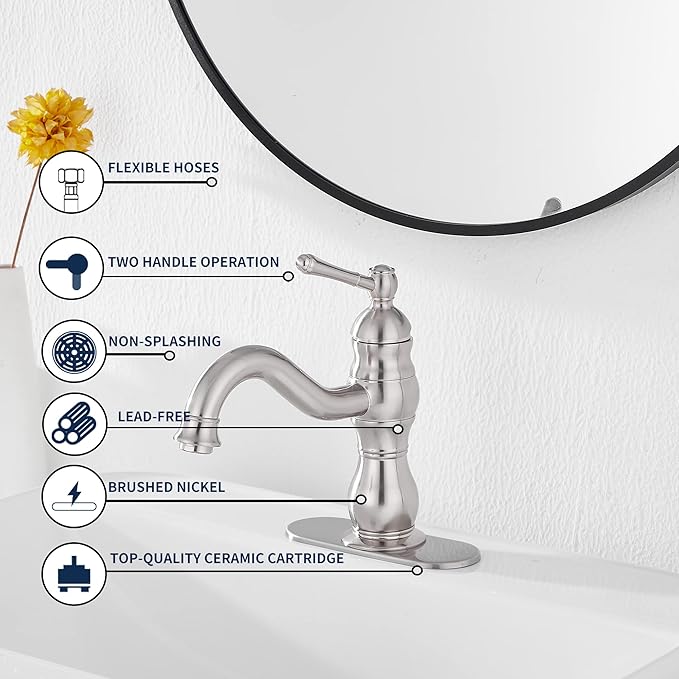Bathroom Faucet Brushed Nickel GGStudy 360° Swivel Bathroom Vanity Faucet Single Handle One Hole Bathroom Sink Faucet Basin Matching Pop Up Drain with Overflow