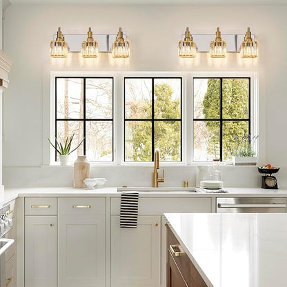 Crystal Bathroom Vanity Light Gold Chrome 3-Light Modern Bathroom Lighting Fixtures Over Mirror Square Wall Sconce