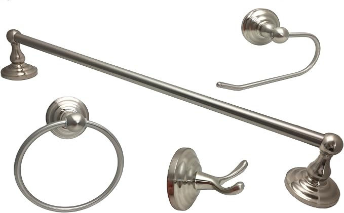 Colester Direct 4 Piece Bathroom Hardware Accessory Set with Euro Toilet Paper Holder and 24" Towel Bar (Satin Nickel)