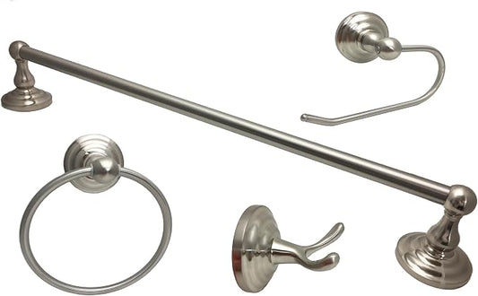 Colester Direct 4 Piece Bathroom Hardware Accessory Set with Euro Toilet Paper Holder and 24" Towel Bar (Satin Nickel)