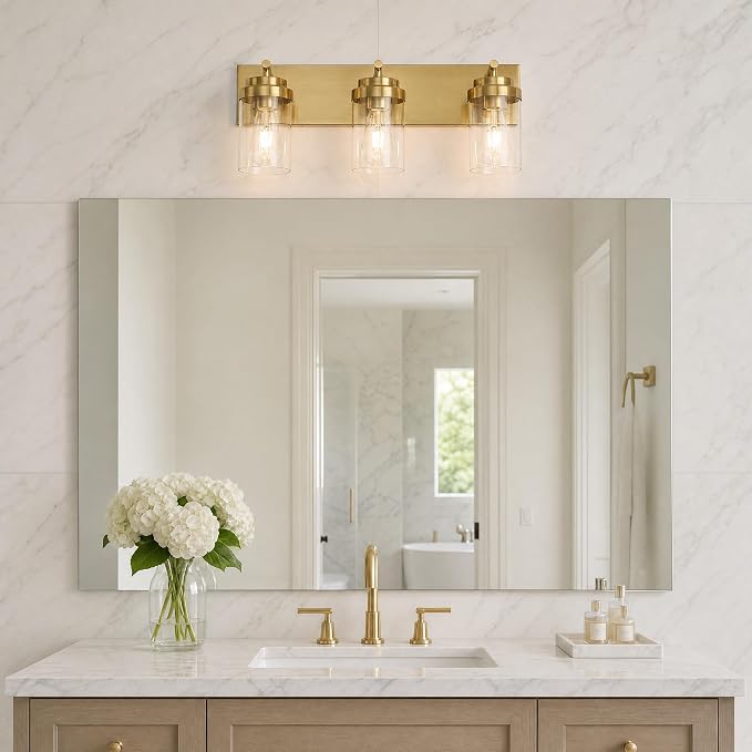 3-Light Bathroom Light Fixtures, Brushed Gold Vanity Lights | Modern Bathroom Lighting Fixtures Over Mirror, Vanity Lights for Bathroom, Mirror, Restroom, Bedroom, E26