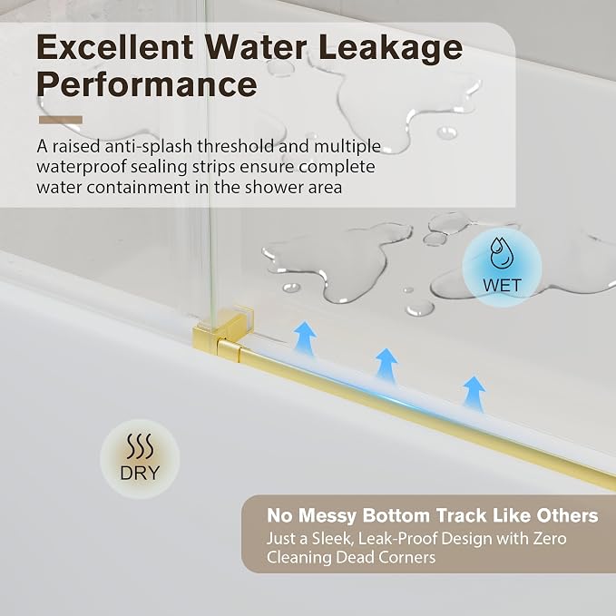 55-60" W x 60" H Bathtub Shower Door Frameless Brushed Gold | 1/4''(6mm) SGCC Tempered Glass,Explosion Proof Film,Nano Coating,Customizable width,Reversible installation,Easy to Clean