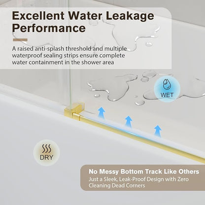 55-60" W x 60" H Bathtub Shower Door Frameless Brushed Gold | 1/4''(6mm) SGCC Tempered Glass,Explosion Proof Film,Nano Coating,Customizable width,Reversible installation,Easy to Clean