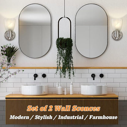 EJIAXIN Wall Sconces Set of 2, Brushed Nickel Vanity Lights for Bathroom, Modern Wall Light Fixtures with Rotary Switch, Wall Mount Light with Frosted Glass, Farmhouse Lamp for Bedroom Living Room