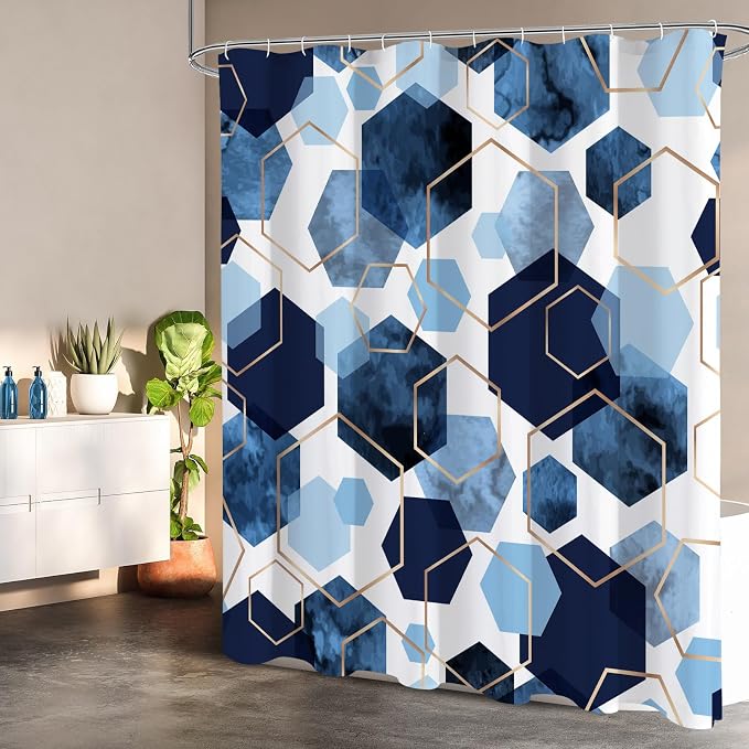 Litabel Long Shower Curtain for Bathroom, Geometric Bathroom Decor 72x78 | Long Modern Minimalist Shower Curtais, Blue Geometric Art Print Abstract Waterproof Bath Curtain