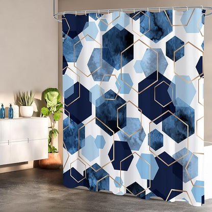 Litabel Long Shower Curtain for Bathroom, Geometric Bathroom Decor 72x78 | Long Modern Minimalist Shower Curtais, Blue Geometric Art Print Abstract Waterproof Bath Curtain