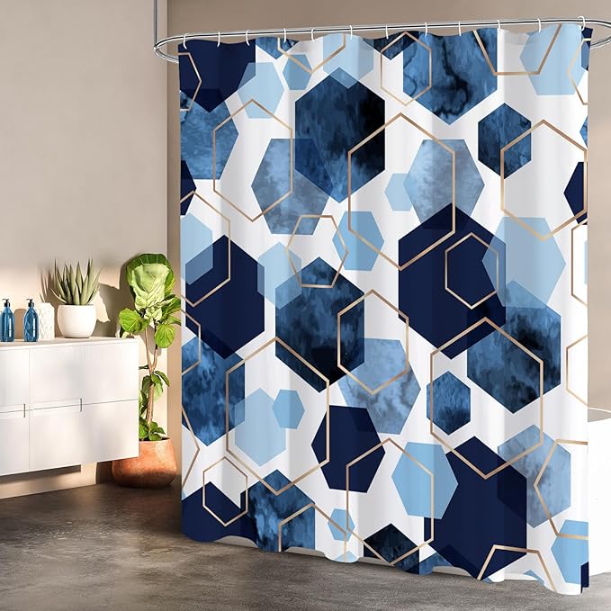 Litabel Extra Long Geometric Shower Curtain for Bathroom, 72x84 | Extra Long Modern Minimalist Shower Curtais, Blue Geometric Art Print Abstract Waterproof Bath Curtain
