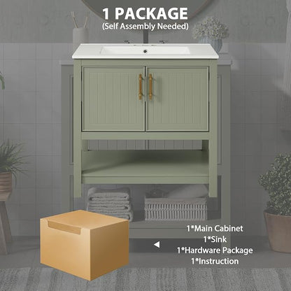 30" Bathroom Vanity with Ceramic Sink,Sink Cabinet w/Soft Closing 2 Doors and Bottom Shelf,Metal Handles,Freestanding Wooden Storage Cabinet,Solid Wood Frame,for Small Space,Green