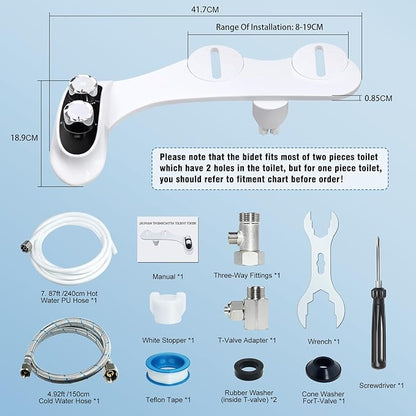 Bidet Attachment for Toilet Warm Water, Temperature Display Hot & Cold Water Non-Electric Adjustable Pressure Self Cleaning Frontal & Rear Dual Nozzle Wash Bidet Attachment for Rear & Feminine Wash