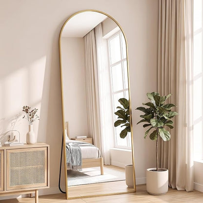 NEWBULIG Arched Full Length Floor Mirror 64"x21", Body Standing Mirror | Wall Hanging or Leaning, Shatter-Proof Glass, Aluminum Alloy Frame with Stand, Home Decor Bedroom, Gold