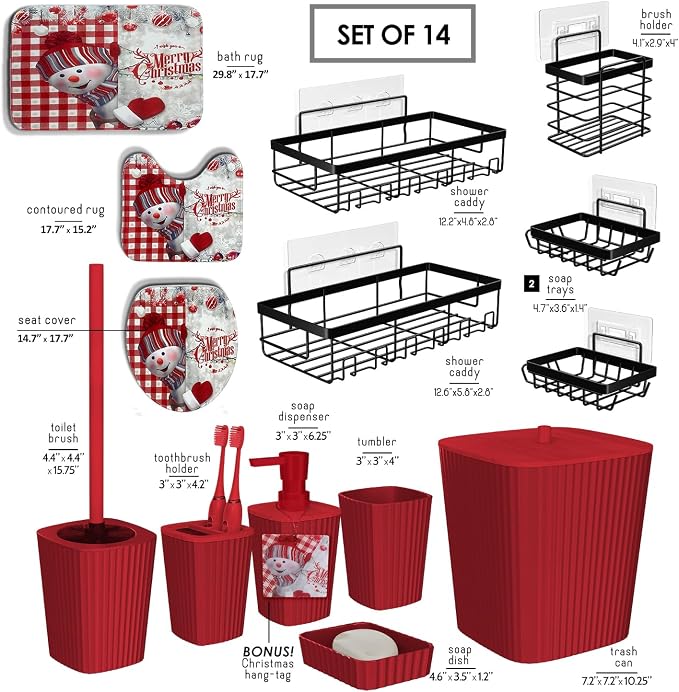 Clara Clark Bathroom Set - Christmas Bathroom Accessories Set, 14PC Bathroom Accessory Set, Christmas Bathroom Sets with Bathroom Rugs, Adhesive Corner Shower Caddy Hanging, Toilet Brush & Trash Can