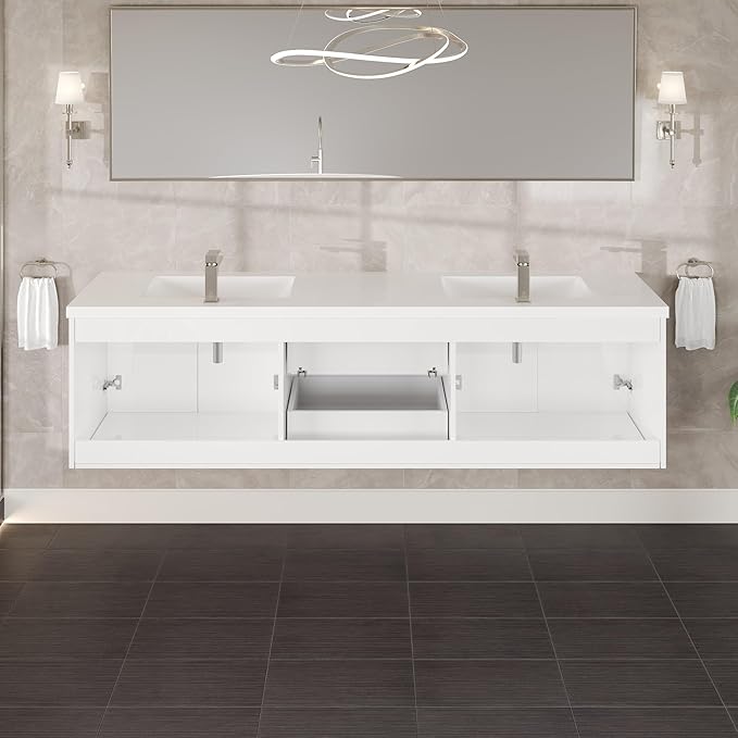 Eviva Lumina 84 in. White Wall Mount Double Sink Bath Vanity with Acrylic Top and Integrated Sinks