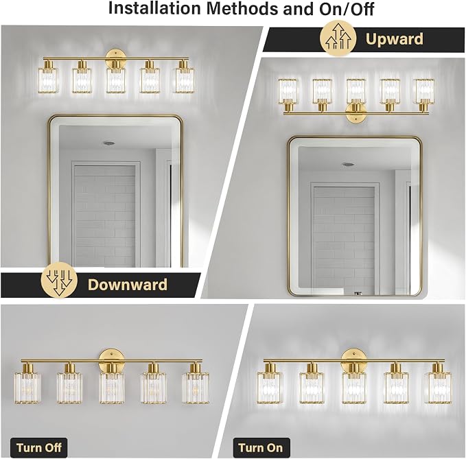 5 Light Bathroom Light Fixtures, Modern Crystal Vanity Lights over Mirror | Metal Frame, Bathroom Light with Square Crystal Shade, ETL Certified, E26 Ceramic Socket, Bulbs Not Included