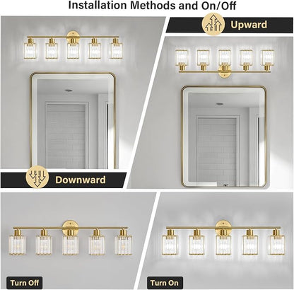 5 Light Bathroom Light Fixtures, Modern Crystal Vanity Lights over Mirror | Metal Frame, Bathroom Light with Square Crystal Shade, ETL Certified, E26 Ceramic Socket, Bulbs Not Included