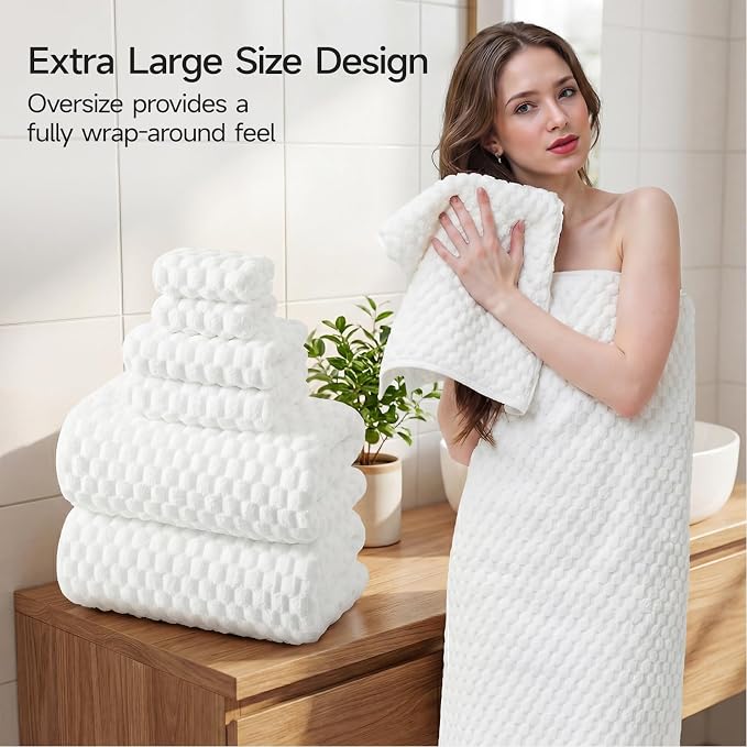 REDKISS White Microfiber Towels Set of 6-35x70 Inches Oversized Bath Sheets, Extra Large Bath Towels Set of 6 for Adults, Super Soft Quick Dry Lint Free Absorbent Waffle Microfiber Shower Towels