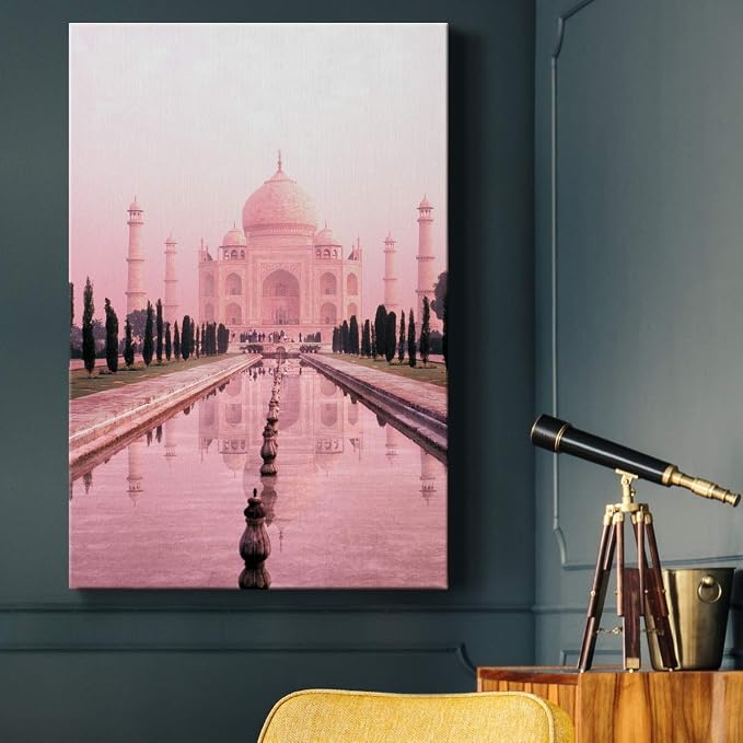 Renditions Gallery Canvas Vintage Wall Art Paintings for Wall Decorations Pink Historical Taj Mahal Black & White Wall Hanging Artwork Prints for Living Room Office Kitchen - 32"x48" LT02