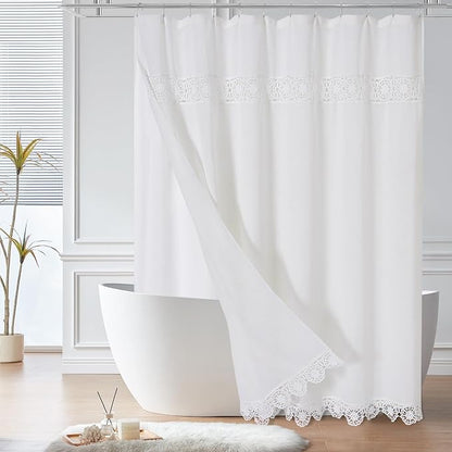 Linen Boho Lace Shower Curtain Liner Set 72x84 | Extra Long Farmhouse Shower Curtain with Macrame Decor, Cotton Bohemian French Country Bath Curtain , White