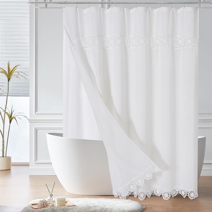 Linen Boho Lace Shower Curtain Liner Set 72x78 | Long Farmhouse Shower Curtain with Macrame Decor, Cotton Bohemian French Country Bath Curtain , White
