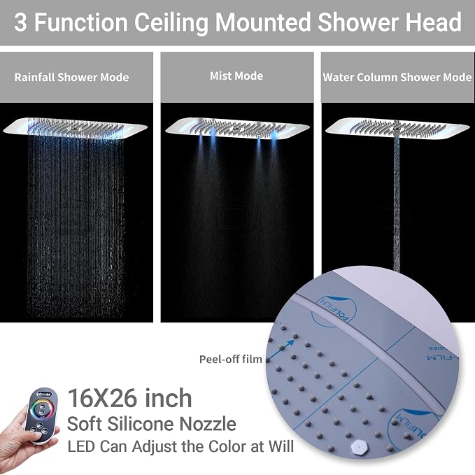 3 Functions Shower Head System Chrome Shower Faucet Set | 16X26 inch Ceiling Shower, 6 Body Jet, Handheld Shower, Temperature Display, 5 Functions Can All Run Together