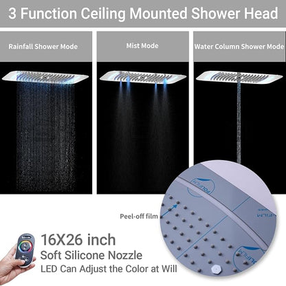 3 Functions Shower Head System Chrome Shower Faucet Set | 16X26 inch Ceiling Shower, 6 Body Jet, Handheld Shower, Temperature Display, 5 Functions Can All Run Together