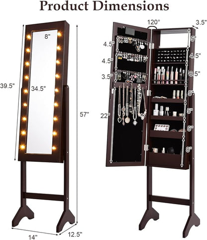 NAFORT 18 LED Lights Standing Mirror Jewelry Cabinet, Large Storage Mirror Full Length, Jewelry Armoire with Lipstick Holders, Shelves, Earring Notches, Inside Makeup Mirror, Brown
