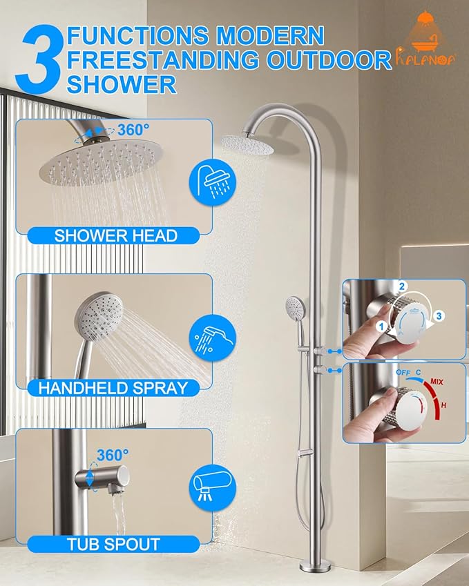 Free Standing Outdoor Shower, 5-Function Shower Kit Nickel with 10''Rain Shower Head, Stainless Steel Outdoor Shower Fixture for Backyard Beach Poolside,Floor Mounted
