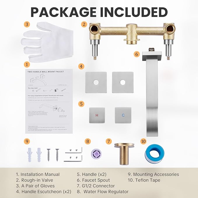 Wall-Mounted Bathroom Sink Faucet, Brushed Nickel Bathroom Faucet | Waterfall Bathroom Faucet with Two Handles, Brass Bathroom Sink Faucet, Wall-Mounted Washroom Faucets and Rough-in Valve