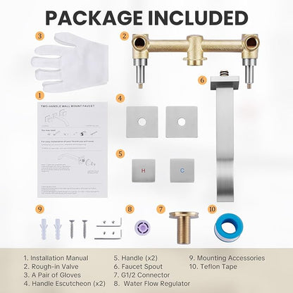 Wall-Mounted Bathroom Sink Faucet, Brushed Nickel Bathroom Faucet | Waterfall Bathroom Faucet with Two Handles, Brass Bathroom Sink Faucet, Wall-Mounted Washroom Faucets and Rough-in Valve