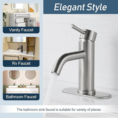 Bathroom Faucets One Hole Modern Sink Faucet Brushed Nickel, Single Handle Rv Bathroom Faucet with 3 Hole Deck Plate, Water Supply Lines