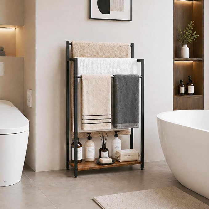 16.9" W Freestanding Towel Rack with Rustic Brown Wood Shelf | 3 Tier Blanket Ladder Stand for Bathroom Living Room, Metal Frame,31.5"H x 16.9"W x7.9"D