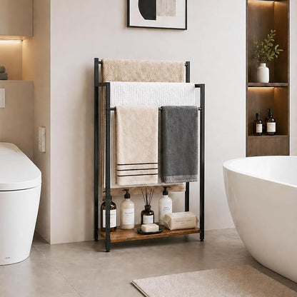 16.9" W Freestanding Towel Rack with Rustic Brown Wood Shelf | 3 Tier Blanket Ladder Stand for Bathroom Living Room, Metal Frame,31.5"H x 16.9"W x7.9"D
