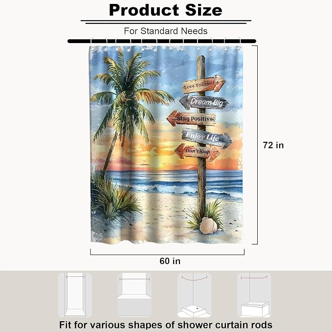 Beach Luxury Coastal Shower Curtain Tropical Aesthetic Palm Tree Summer Sun | Inspirational Shower Curtains for Bathroom, Waterproof Bath Curtain with Hooks Machine Washable Bathtub Curtains 60x72 Inch