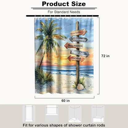 Beach Luxury Coastal Shower Curtain Tropical Aesthetic Palm Tree Summer Sun | Inspirational Shower Curtains for Bathroom, Waterproof Bath Curtain with Hooks Machine Washable Bathtub Curtains 60x72 Inch