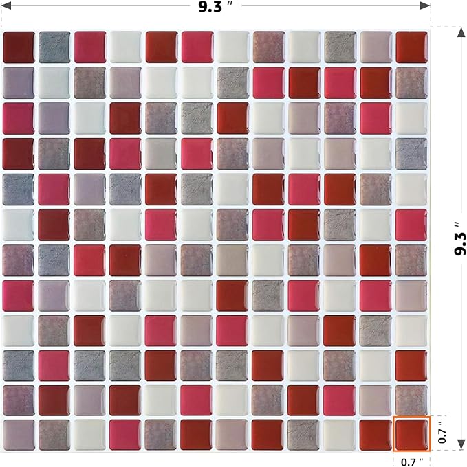 3D Mosaic Tile Sticker Removable Wallpaper Tile Red, 3D Self Adhesive Wall Tiles Bathroom Wall Tiles for Kitchen Backsplash Red, PVC Square Decorative Vinyl Decals, 4 Sheets