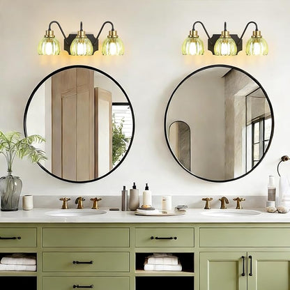 3-Light Bathroom Vanity Light, Black Vanity Light, Vintage Black Finish Wall Mount Sconces with Tulip Glass Shade, Mid Century Hardwired Wall Sconces for Bedroom, Living Room, Hallway