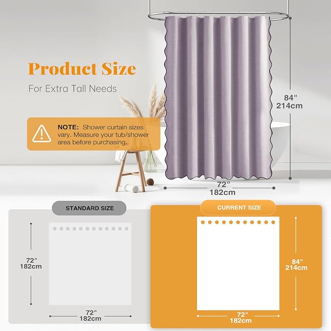 BTTN Boho Scalloped Linen Textured Cloth Shower Curtain, 72x84, Lavender | Tall Size, 230GSM Waterproof Polyester, Heavy Duty Fabric, 12 Plastic Hooks, Elegant Modern Farmhouse Style, Machine Washable