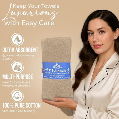 DAN RIVER 24 Pack Cotton Wash Cloths Set for Showering [12x12] Tan | Lighter Weight, Quick to Dry, Super Soft & Absorbent Face Towels, Hotel Quality, Perfect for Bathroom, Gym, Spa