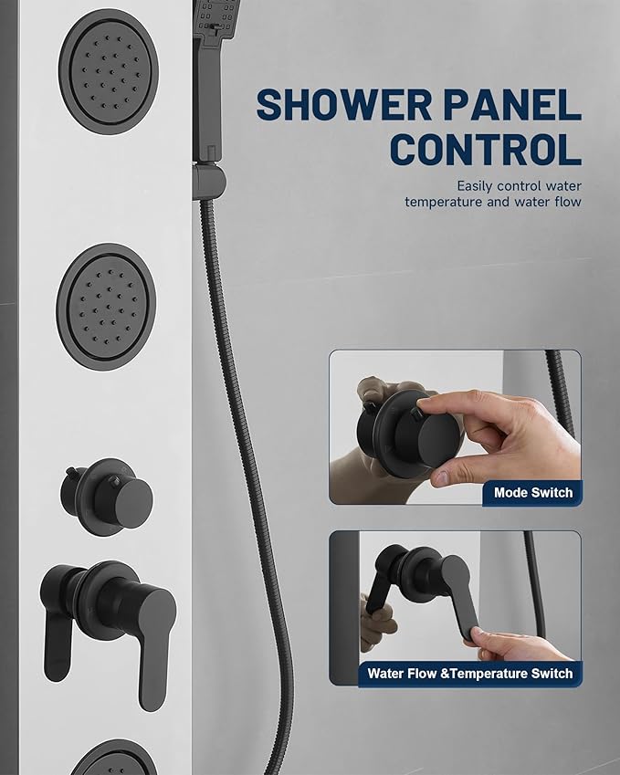 Homevacious 5 In 1 Shower Panel Brushed Nickel Shower Tower System with Rainfall Waterfall Shower Head 3 Body Jets Handheld Shower Head and Tub Spout Modern Massage Shower System