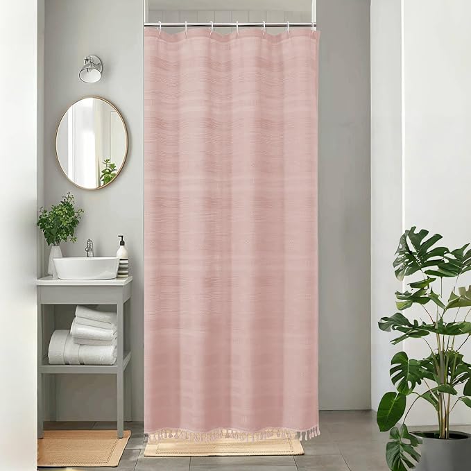 Small Stall Shower Curtain - Linen Textured Bathroom Curtain with Boho Tassel, Heavy Duty Farmhouse Bath Decor for RV Camper, Machine Washable, 36Wx72L Inches, Pink