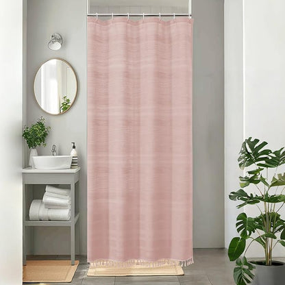 Small Stall Shower Curtain - Linen Textured Bathroom Curtain with Boho Tassel, Heavy Duty Farmhouse Bath Decor for RV Camper, Machine Washable, 36Wx72L Inches, Pink
